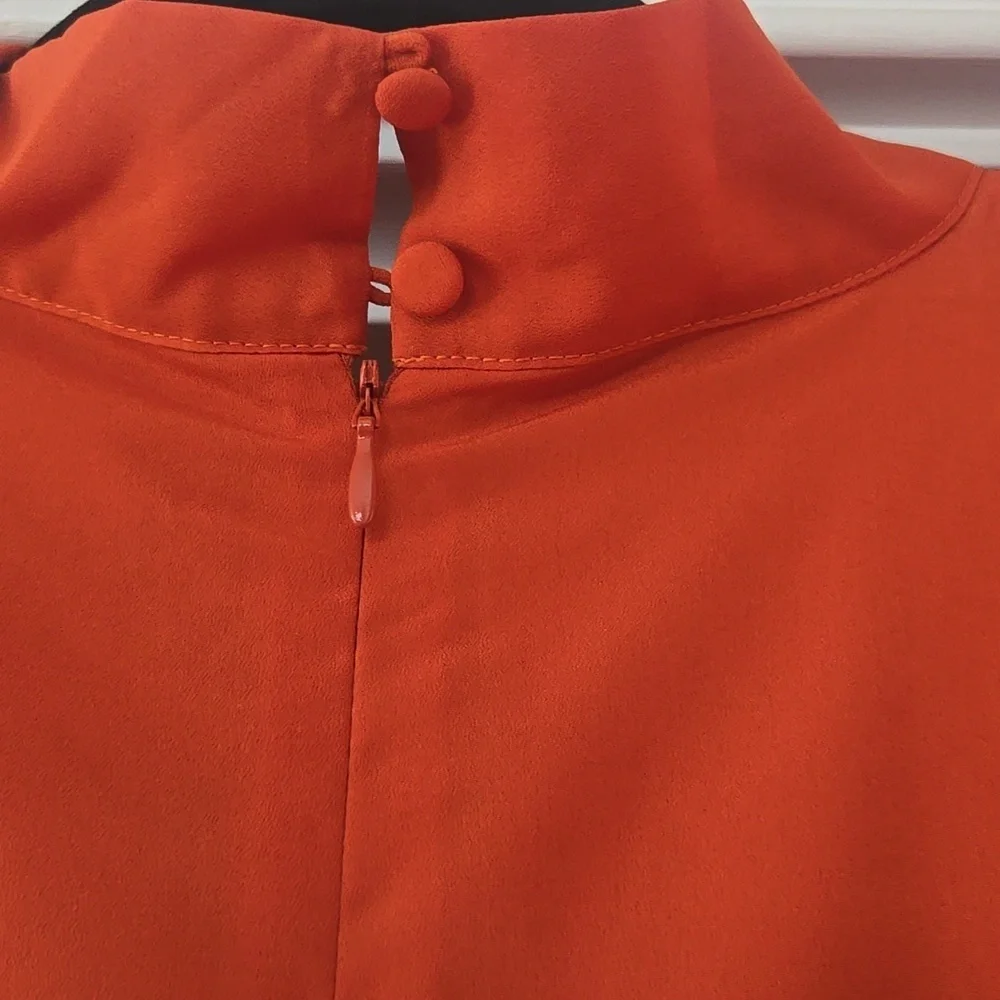 NWT Tahari ASL Burnt Orange Pleated Trim Tie Neck Dress Size 14 - Picture 7 of 15
